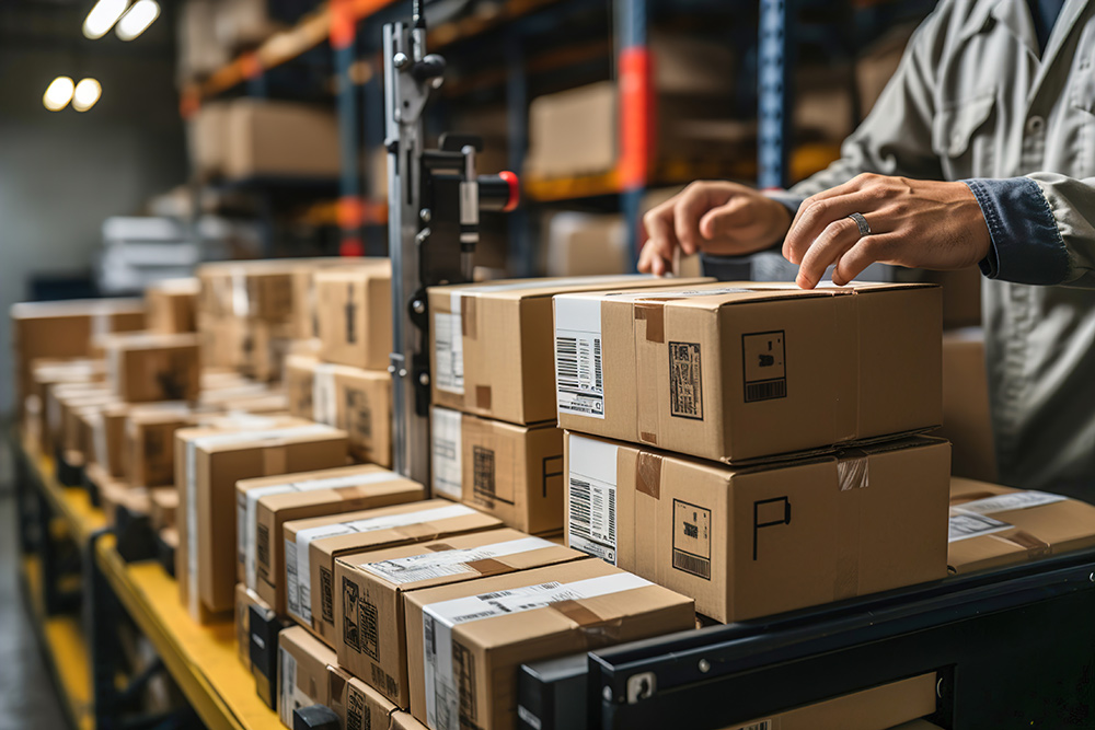 AdobeStock_685230315 A man working on a machine for printing labels and barcode on boxes in a warehouse.