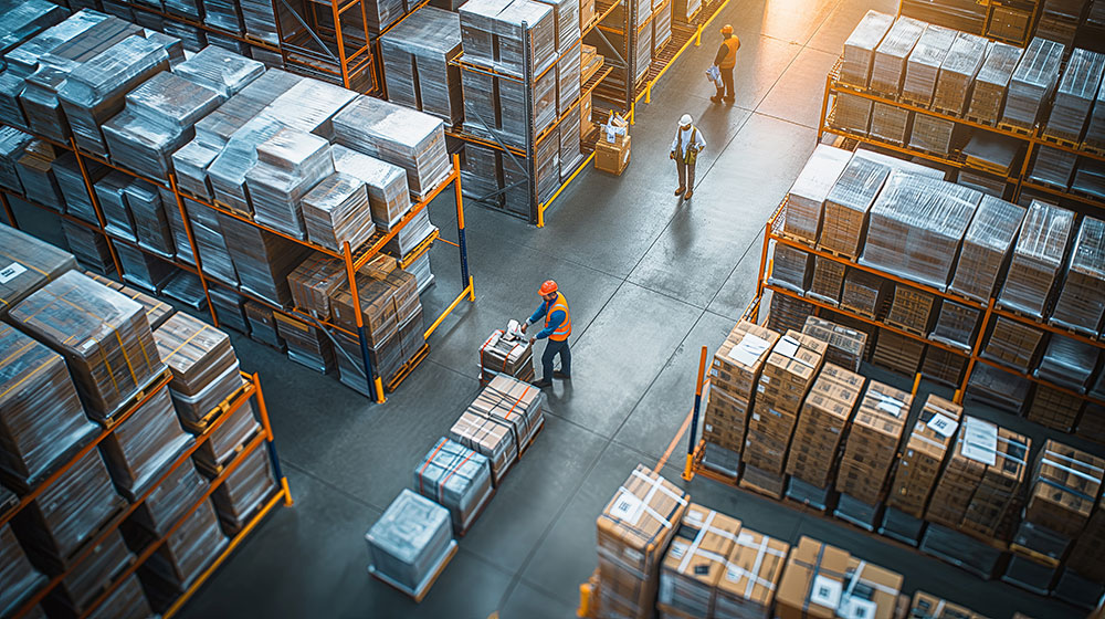 elogixusa-digital-warehouse-logistics Busy Warehouse Workers Managing Inventory in Industrial Storage Facility