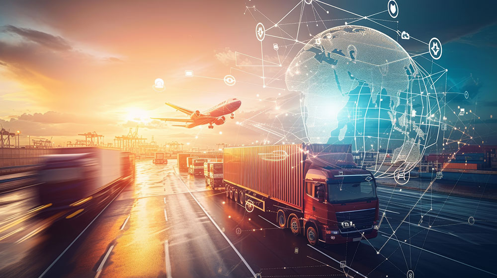 elogixusa-logistics dynamic transportation and logistics concept, showcasing various modes of freight transport such as trucking and aviation, integrated with digital connectivity and global networking